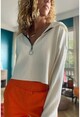 Kadın Beyaz Kendinden Dokulu Fermuarlı Kapüşonlu Crop Sweatshirt Bst3322
