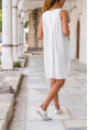 Kadın Beyaz Keten A Kesim Cepli Piliseli Salaş Elbise Bst3429