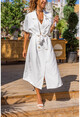 Womens White Linen Jacket Collar Belted Loose Dress BST3162