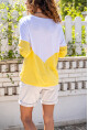 Kadın Beyaz-Sarı V Yaka Color Block Yumuşak Dokulu Salaş Bluz Bst3167