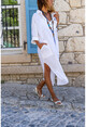 Kadın Beyaz Yıkamalı Keten Yarım Patlı Cepli Elbise Rsd2083