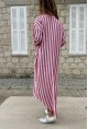 Kadın Bordo Fermuarlı Çizgili Cepli Uzun Salaş Elbise Bst3388