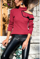 Womens Claret Red One-Shoulder Decollete Frilly Sweater GK-BST30k2760