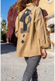 Kadın Camel Deri Garnili Sırtı Baskılı Kaşe Oversize Ceket Gömlek Bst3289