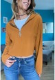 Kadın Camel Kendinden Dokulu Fermuarlı Kapüşonlu Crop Sweatshirt Bst3322