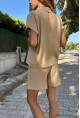 Kadın Camel Keten Ceket Yaka Düğmeli Kısa Kol Gömlek Şort Takım Bst3402