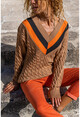 Womens Camel V-Neck Knitted Collar Garnish Sweater GK-CCK7080