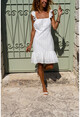 Kadın Ekru Astarlı Eteği Volanlı Fırfırlı Fisto Elbise Bst4059