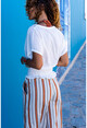 Kadın Ekru Gipeli Kruvaze Tül Detaylı Crop Bluz BST3256
