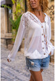 Womens Ecru Hooded Lace Detailed Thin Knitted Knitwear Cardigan RSD2076