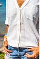 Kadın Ekru Pul İşlemeli Yıkamalı Keten Cepli Salaş Gömlek RSD2080