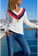 Womens Ecru V-Neck Knitted Collar Garnish Sweater GK-CCK7080