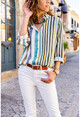 Womens Ecru-Green Striped Loose Shirt CCK9077