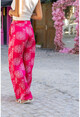 Womens Fuchsia Satin Ethnic Patterned Elastic Waist Loose Trousers Bst3243