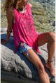 Womens Fuchsia Washed Ethnic Printed Asymmetrical Cut Sleeveless Loose T-Shirt Rsd3026