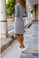 Kadın Gri-Beyaz Kruvaze Color Block Asimetrik Kesim Elbise GK-CCKLD330