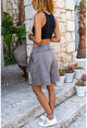 Womens Gray Linen Self Belt Pleated Loose Shorts BST7094