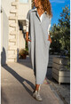 Kadın Gri Polo Yaka Color Block Uzun Salaş Eşofman Elbise GK-TD2014