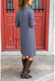 Kadın Gri Polo Yaka Salaş Kendinden Desenli Simli Elbise GK-BST2988