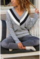 Womens Gray V-Neck Knitted Collar Garnished Sweater GK-CCK7080