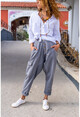 Kadın Gri Yıkamalı Düğmeli Cepli Salaş Şalvar Pantolon RSD3006