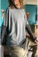 Kadın Gri Yıkamalı File Detaylı Asimetrik Kesim Kapüşonlu Oversize Salaş Sweatshirt Rsd3060