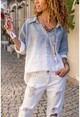 Womens Gray Washed Linen Gradient Half Pat Blouse RSD3009