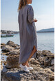 Womens Gray Washed Linen Half-Pleated Dress With Pockets Gk-Rsd2083