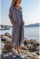 Womens Gray Washed Linen Half-Pleated Dress With Pockets Gk-Rsd2083