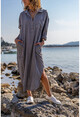 Womens Gray Washed Linen Half-Pleated Dress With Pockets Gk-Rsd2083