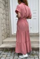 Kadın Gül Kurusu Yarım Patlı Eteği Piliseli Kendinden Kemerli Salaş Elbise Bst3336