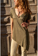 Womens Khaki Asymmetrical Cut V-Neck T-Shirt GK-JR216