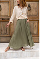 Womens Khaki Lined Crepe Oversized Skirt With Front Slit Elastic Waist Pocket BST3223