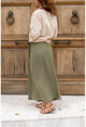 Womens Khaki Lined Crepe Oversized Skirt With Front Slit Elastic Waist Pocket BST3223