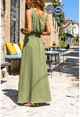Kadın Haki Beli Gipeli Askılı Hasır Detaylı Uzun Airobin Elbise BST3251