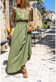Womens Khaki Waist Gipe Strap Straw Detailed Long Airobin Dress BST3251