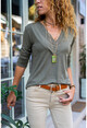 Womens Khaki Double V-Neck Soft Textured Blouse GK-CCK2048