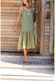 Womens Khaki Scalloped Strap Skirt Pleated Loose Dress Rsd3036