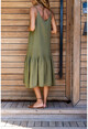 Womens Khaki Scalloped Strap Skirt Pleated Loose Dress Rsd3036