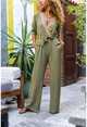 Womens Khaki Straw Detailed Self Belt Pocketed Airobin Jumpsuit BST2946