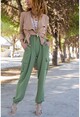 Womens Khaki Linen Safari Pants with Side Pockets and Elastic Legs BST3230