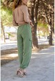 Kadın Haki Keten Yanları Cepli Paçası Lastikli Safari Pantolon BST3230