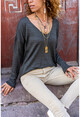 Womens Khaki V-Neck Soft Textured Sweater GK-JR408