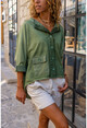 Womens Khaki Washed Buttoned Loose Blouse with Pocket GK-CCKLD355