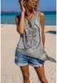 Womens Khaki Washed Ethnic Printed Asymmetrical Cut Sleeveless Loose T-Shirt Rsd3026