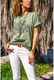 Womens Khaki Washed Mesh Printed Loose T-Shirt RSD3008