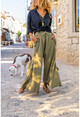 Womens Khaki Washed Linen Elastic Waist Asymmetrical Cut Tasseled Loose Trousers Rsd3032