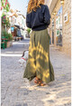 Womens Khaki Washed Linen Elastic Waist Asymmetrical Cut Tasseled Loose Trousers Rsd3032