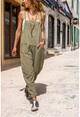 Womens Khaki Washed Linen Pocket Loose Rompers Gk-Rsd3012
