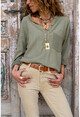 Womens Khaki Washed Linen Mesh Detailed Half Pop Blouse RSD3000